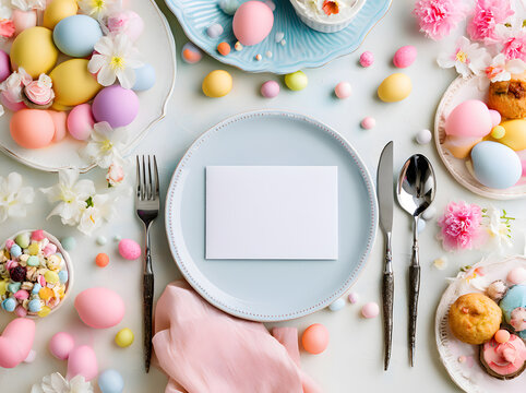A top-down perspective of a festive Easter brunch table arrangement featuring an empty menu card, multicolored eggs, and sweet treats