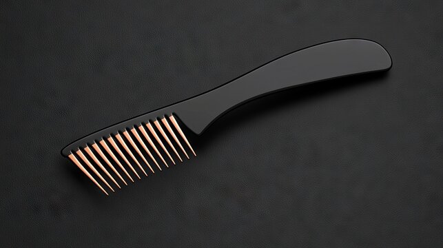 Sleek black styling comb with rose gold teeth rests on a dark textured surface