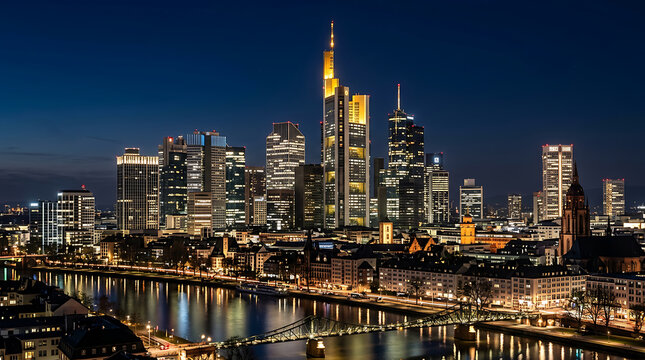 Frankfurt am Main city skyline at night with illuminated skyscrapers reflecting in the Main River.