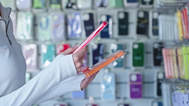 Woman Comparing Two Products While Shopping In Electronics Store, Evaluating Price, Quality And Available Options Before Purchase.