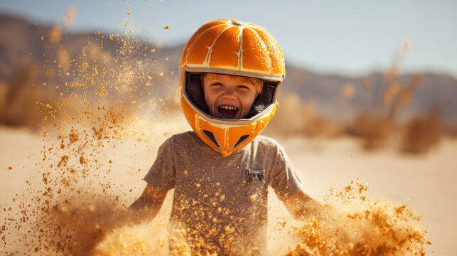 Young child wearing orange helmet smiles joyfully while playing in sandy desert environment, with dust particles flying around and mountains in the background