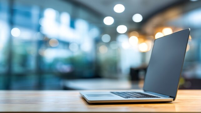 Contemporary business workspace featuring a laptop computer placed on an office desk, modern professional environment, clean workspace, digital technology, corporate office, productivity, business pla