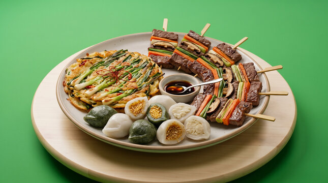 Food platter for chuseok including songpyeon, pajeon and sanjeok