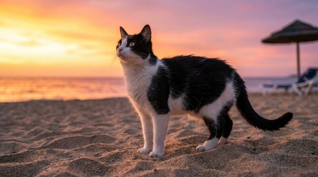 Black and white cat standing on a sandy beach at sunset with ocean waves and a beach umbrella in the background.
