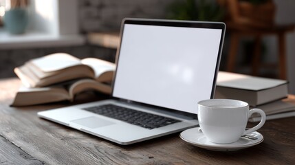 Fototapeta premium Business laptop computer mockup with coffee and book on a modern business table, professional workspace setup for office productivity, digital technology, work planning, corporate communication, entre