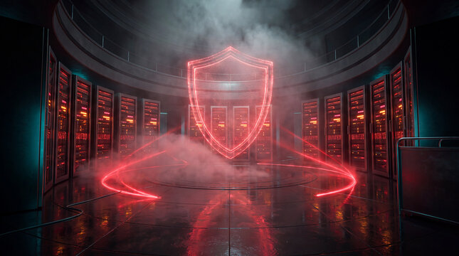 Digital Shield of Protection: A glowing neon shield emblem hovers above a server room filled with rows of humming computer racks, symbolizing robust data security and digital defense.