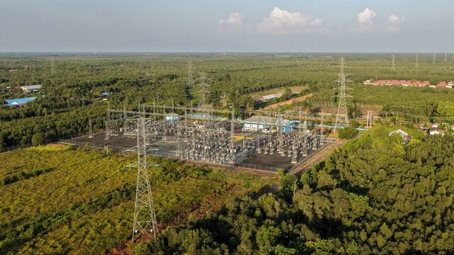 Aerial view of a power substation distributing electricity to the rural countryside area