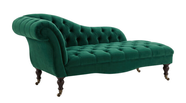 Green Velvet Chaise Lounge Sofa PNG, Isolated on a Transparent Background