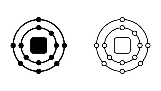 Bohr Model Illustration: A visual representation of atomic structure using the Bohr model, depicting electron shells and a nucleus in both solid black and outline versions for clarity.