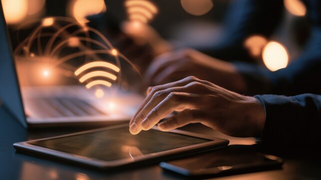 close up hands multitasking man using tablet, laptop and cellphone connecting wifi
