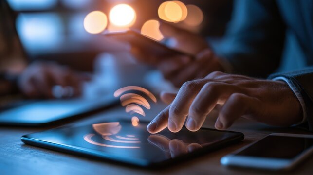 close up hands multitasking man using tablet, laptop and cellphone connecting wifi
