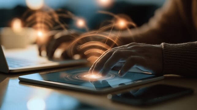 close up hands multitasking man using tablet, laptop and cellphone connecting wifi
