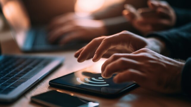 close up hands multitasking man using tablet, laptop and cellphone connecting wifi

