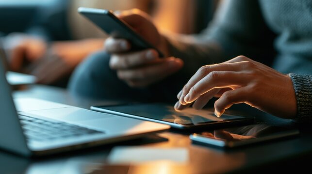 close up hands multitasking man using tablet, laptop and cellphone connecting wifi
