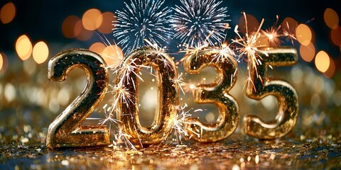 Naklejka premium Glossy Gold Number 2035 with Christmas Sparklers and Brilliant Festive Fireworks in Dark Night