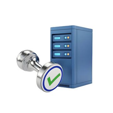 Data center server approval concept. Blue network server rack with metal checkmark stamp. Information technology verification