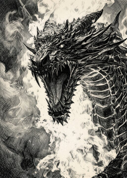 Fierce Roaring Dragon Head Portrait Vintage Pencil Sketch