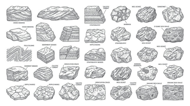 Collection of Hand-Drawn Geological Rock Specimens