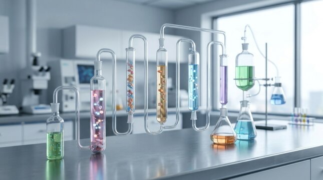 Modern laboratory setup with colorful chemical reagents and glassware on table