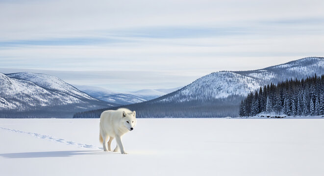 frozen lake winter with lone wolf walking across snowy expanse