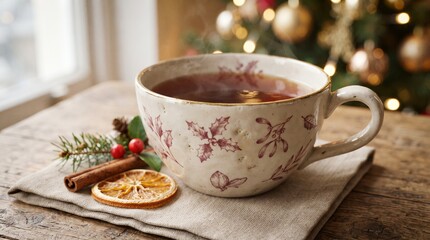 Fototapeta premium Cream ceramic teacup filled with dark tea, burgundy botanical decoration, gold rim with cinnamon stick and dried citrus in cozy Christmas atmosphere