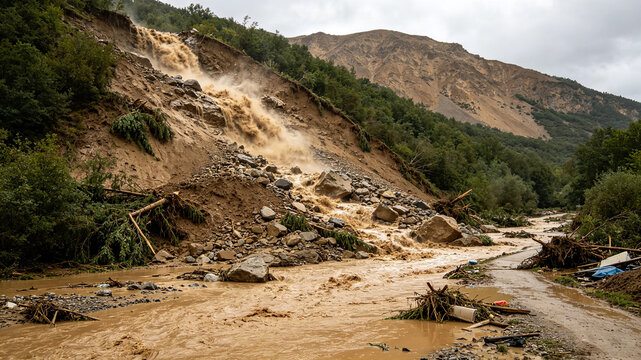  Natural Disaster Scene of Mudslide in High Mountain River Valley