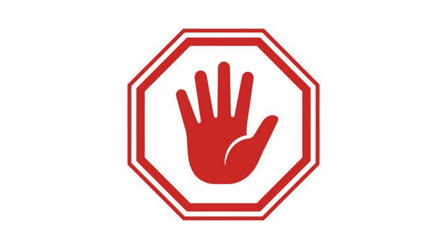 A red stop hand gesture warning sign icon