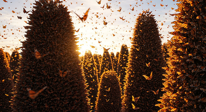 ultra realistic nature scene with monarch butterfly migration