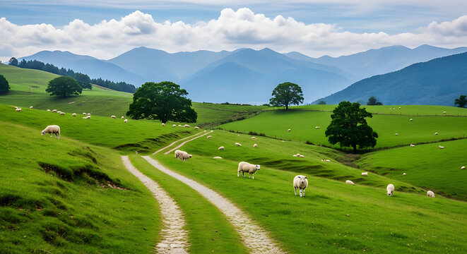 Rolling Green Foothills Grazing Sheep Path Distant Mountain Pastoral