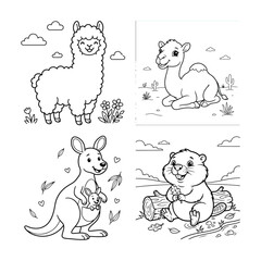 Naklejka premium Cute coloring book page set with camel, alpaca, beaver and kangaroo with joey. Black and white line art characters for kids. Educational activity outlines.