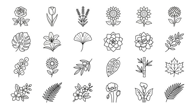 Set of twenty botanical flower and plant line art outline icons