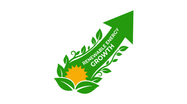 Green upward arrow symbolizing renewable energy growth with sun and leaves