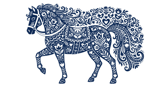 Ornamental folk horse silhouette decorated with floral vines and paper cut motifs