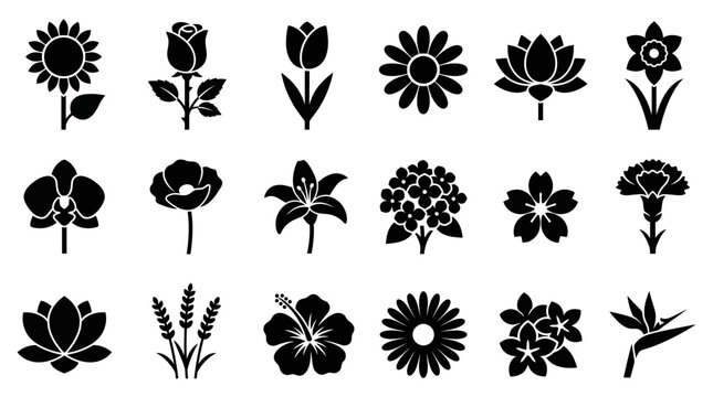 Tulip flower silhouette set featuring three black vector icons with stems and leaves