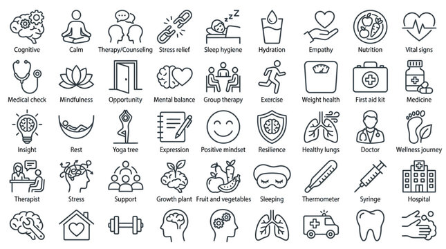 Set of 45 wellness mental health and healthcare line icons