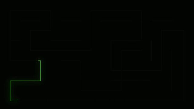 Green neon line moving through a dark maze path, abstract digital technology background.