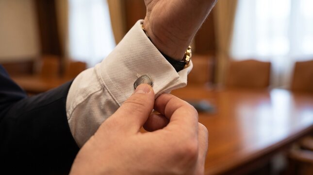 Man in a suit adjusting his stylish metal cufflink on his shirt