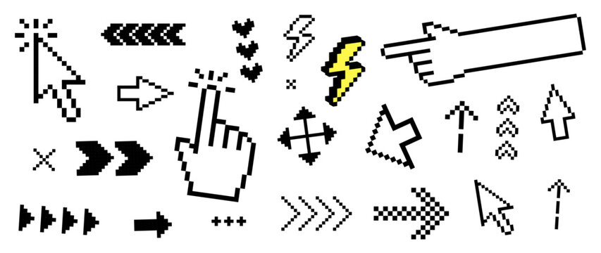 Retro Y2K pixel interaction icons with cursors, pointer hand, directional arrows, navigation controls and touch gestures. 8bit vector elements for UI design, web, mobile applications, digital products