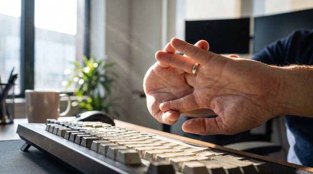 Office Worker Stretching Hands To Relieve Wrist Tension At Desk