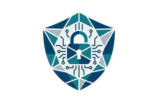 Cyber security shield with padlock icon and geometric tech pattern graphic