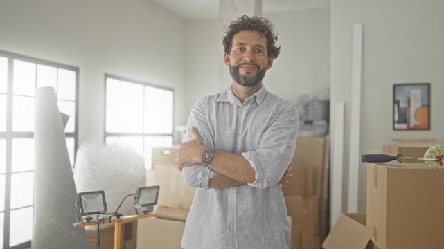 Man with cardboard boxes, arms crossed and smiling amid packed moving boxes, rolled rug and work lights in a building; confidence fresh start.
