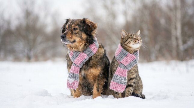 Cute Dog and Cat Wearing Scarves in Snowy Winter Landscape.
