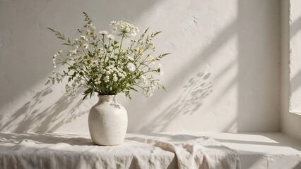Fototapeta premium White flowers in a ceramic vase on a table with soft sunlight and shadows