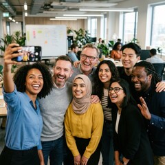 Obraz premium Diverse Office Team Captures Happy Selfie Moment Together