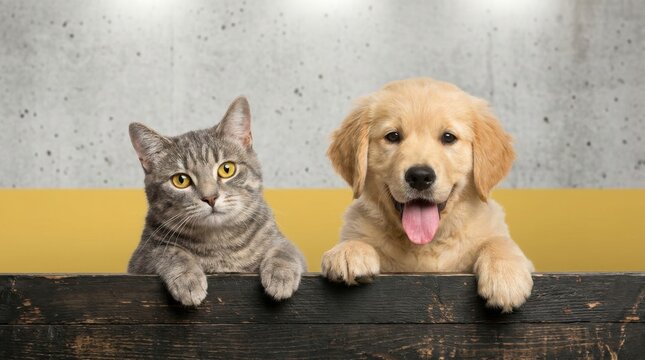 Cute Kitten and Golden Retriever Puppy Together Looking Over a Ledge.