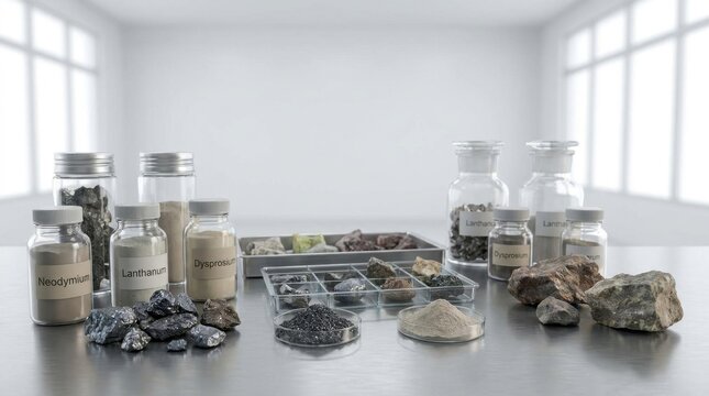 Collection of raw mineral samples with labeled jars and rocky stones on table in bright room