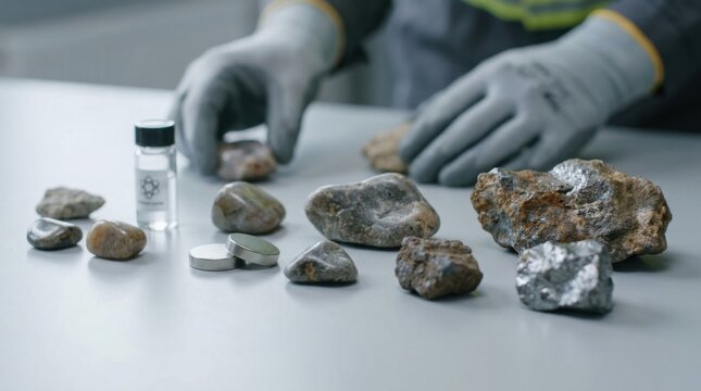 Laboratory Technician Analyzing Rocks and Minerals with Safety Equipment in Testing Environment