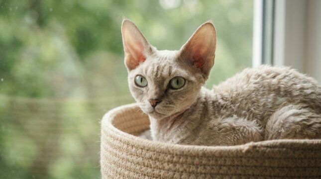 Devon Rex Cat Relaxing in Wicker Basket by Window with Greenery Outdoors.