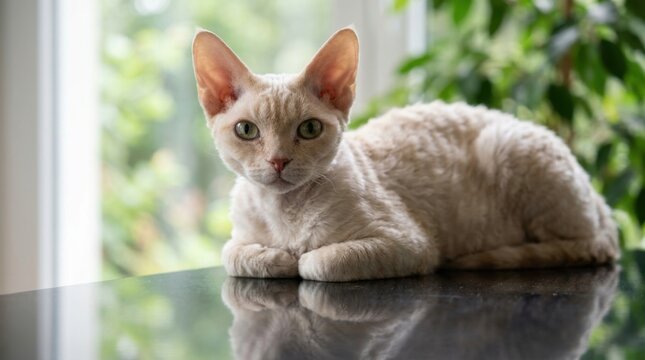 Devon Rex Cat Relaxing Indoors Near Window with Greenery.