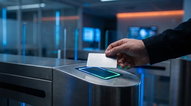 Hand scanning access badge at a futuristic security turnstile gate